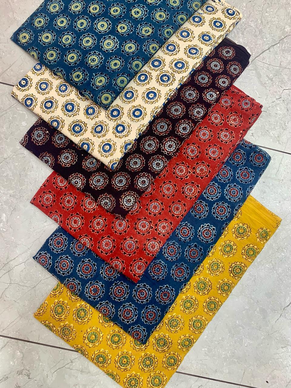 Ajrakh pure cotton handblock printed fabric with multicolour floral big butta motifs